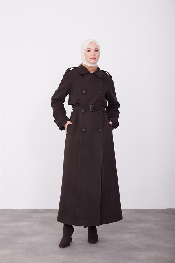 Armine  Seyyar Apoletli Tam Kruvaze Manto 23K8613 Acı Kahve