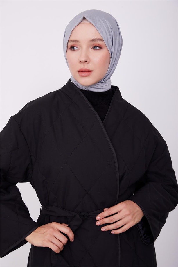 Kapitone belden bağlamalı manto 23K8616 Siyah