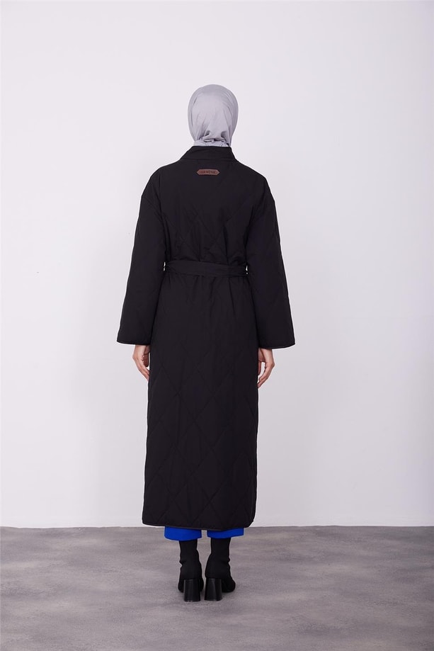 Kapitone belden bağlamalı manto 23K8616 Siyah