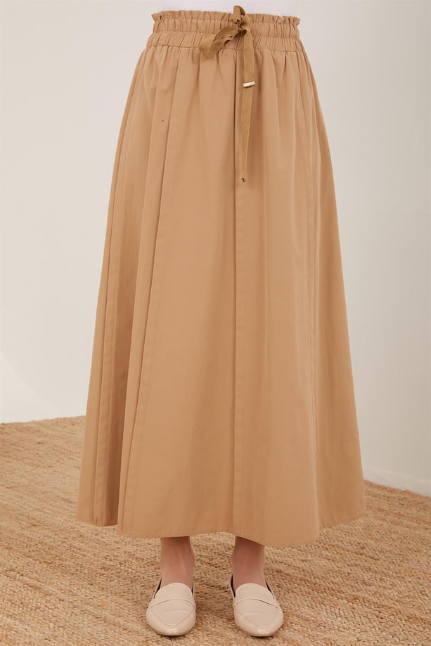 Armine Nervürlü, Beli Genişleyebilen Gabardin Etek 23Y1405 Camel