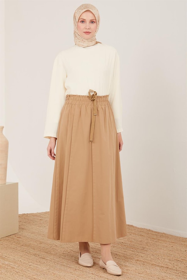 Armine Nervürlü, Beli Genişleyebilen Gabardin Etek 23Y1405 Camel