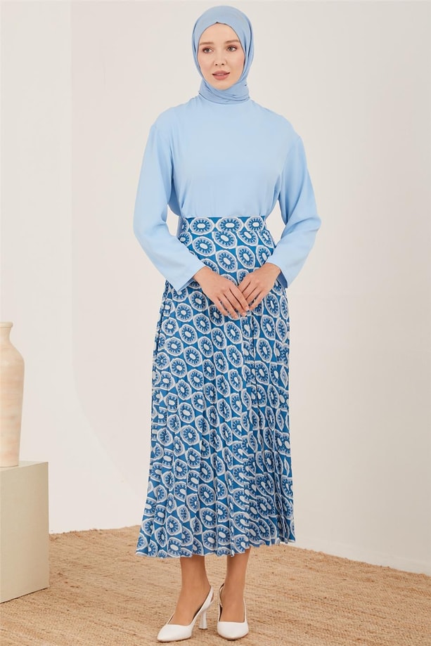 Armine Desenli Ve Piliseli Etek 23Y1428 Marine