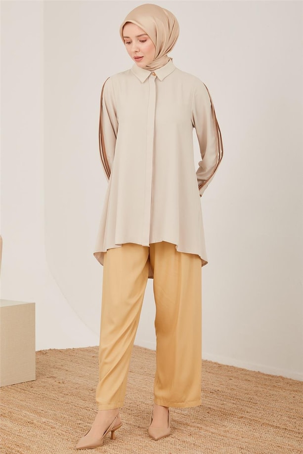 Armine Kemeri Piliseli Bol Viskon Pantolon 23Y2421 Bej