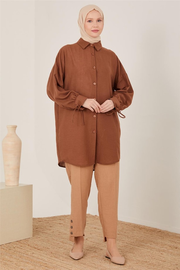 Paça yanları uzun ve arkası lastikli pantolon 23Y2423 Bej