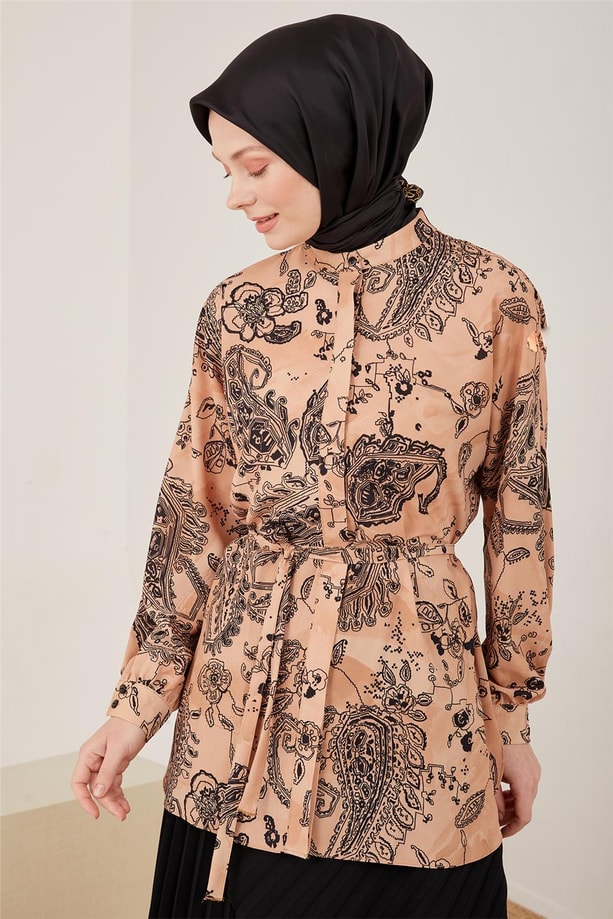 Armine Kolu Bütün Desenli Gömlek 23Y3314 Camel