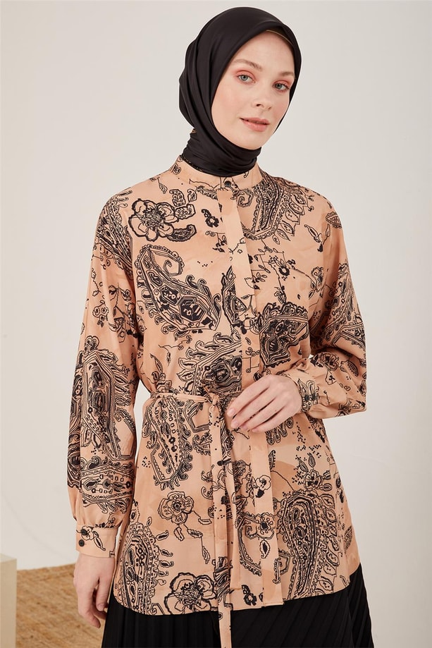 Armine Kolu Bütün Desenli Gömlek 23Y3314 Camel
