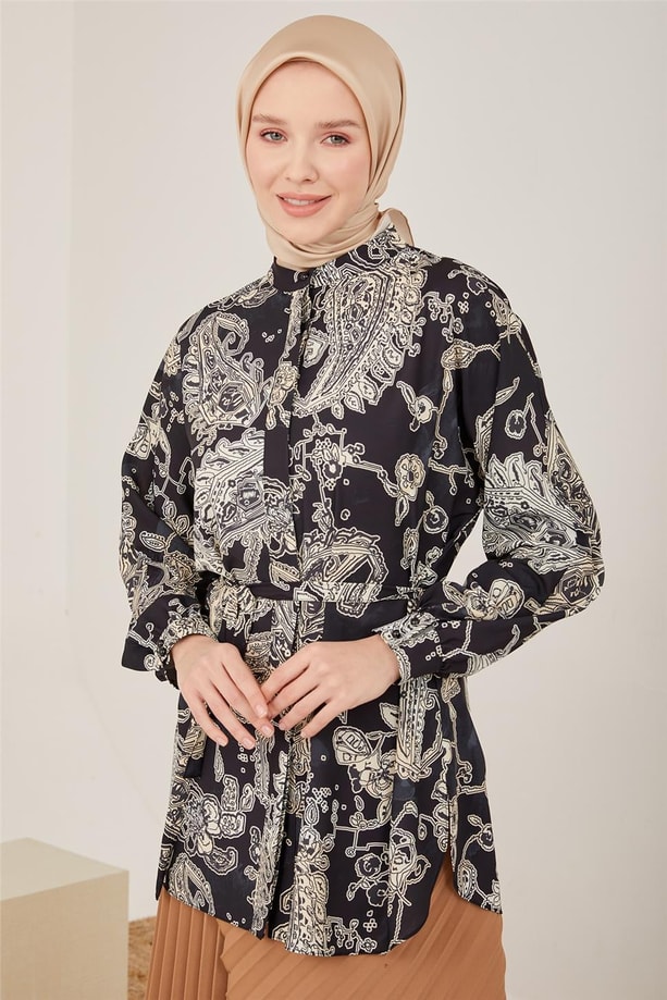 Armine Kolu Bütün Desenli Gömlek 23Y3314 Siyah