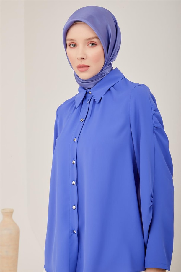 Armine Kolları Ve Yakası Büzgü Detaylı Gömlek 23Y3317 Morcivert