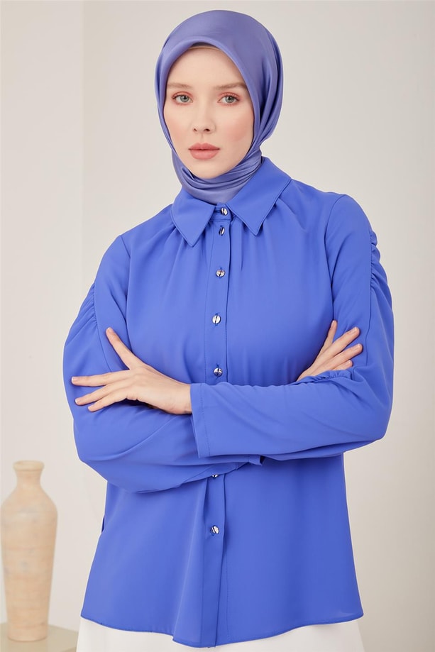 Armine Kolları Ve Yakası Büzgü Detaylı Gömlek 23Y3317 Morcivert