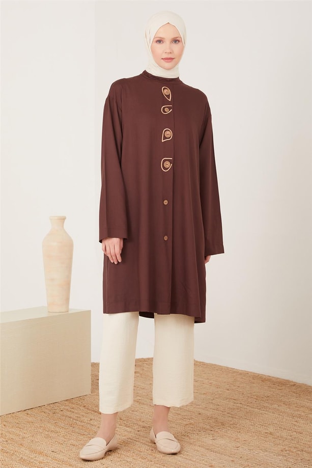Armine Renkli Düğmeli Naturel Tunik 23Y4425 Kahverengi