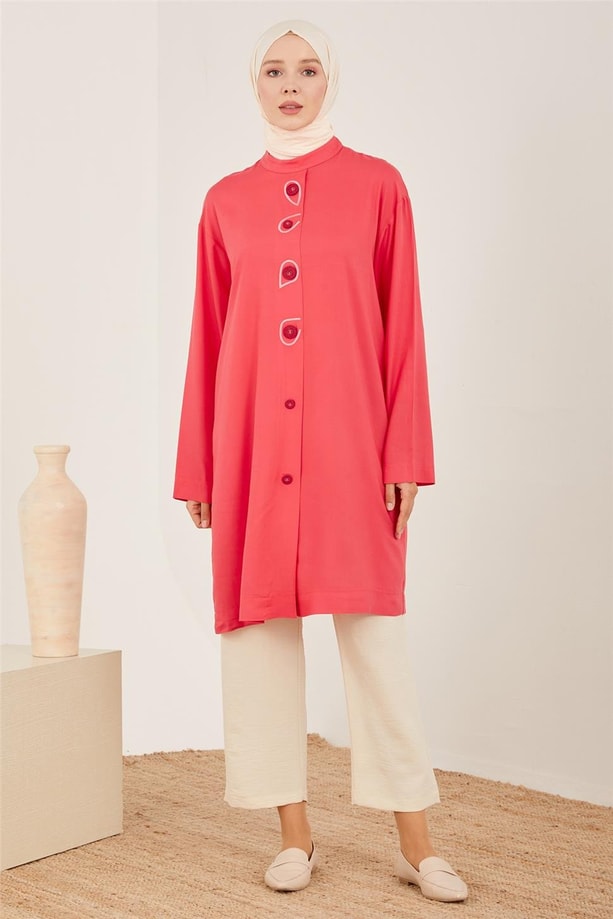 Armine Renkli Düğmeli Naturel Tunik 23Y4425 Kiraz