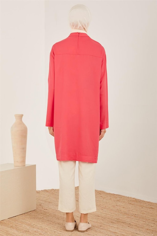 Armine Renkli Düğmeli Naturel Tunik 23Y4425 Kiraz