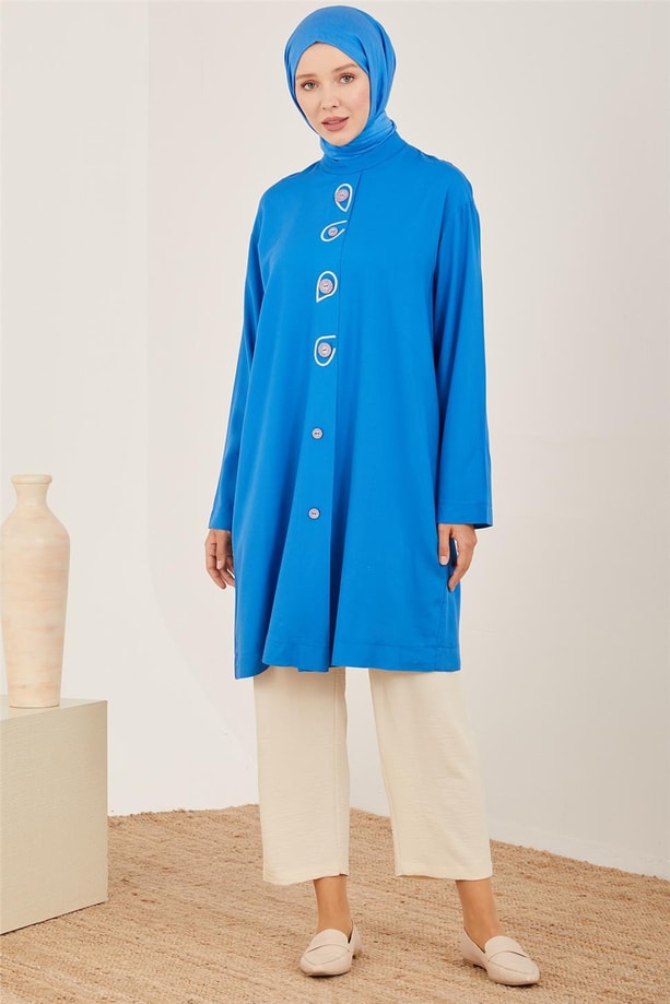 Armine Renkli Düğmeli Naturel Tunik 23Y4425 Kobalt