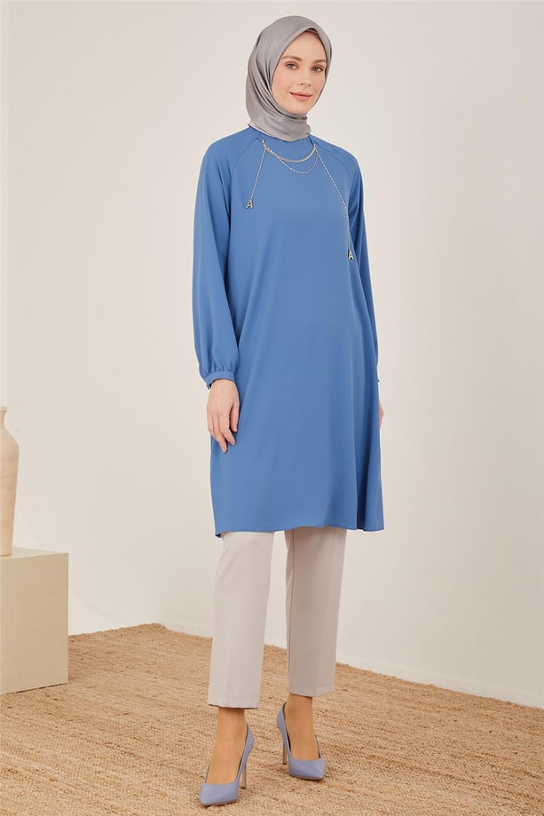 Armine Logolu Kendinden Seyyar Kolyeli Tunik 23Y4428 Marine