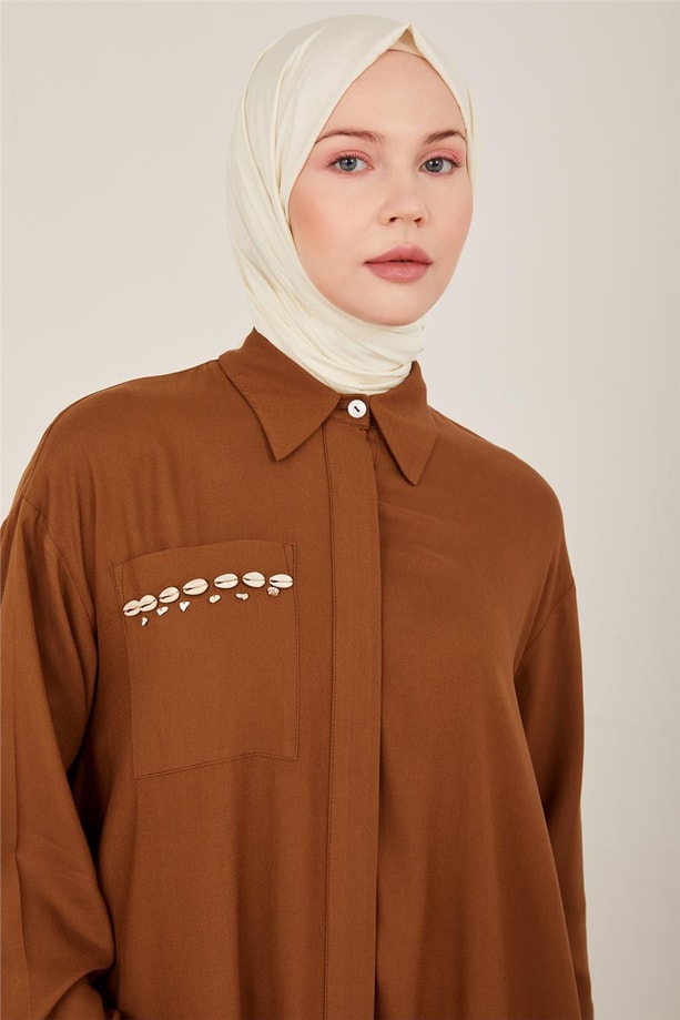 Armine Naturel Kumaştan Dökümlü Tunik 23Y4433 Kahverengi