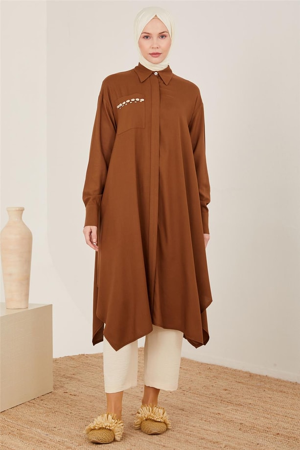 Armine Naturel Kumaştan Dökümlü Tunik 23Y4433 Kahverengi