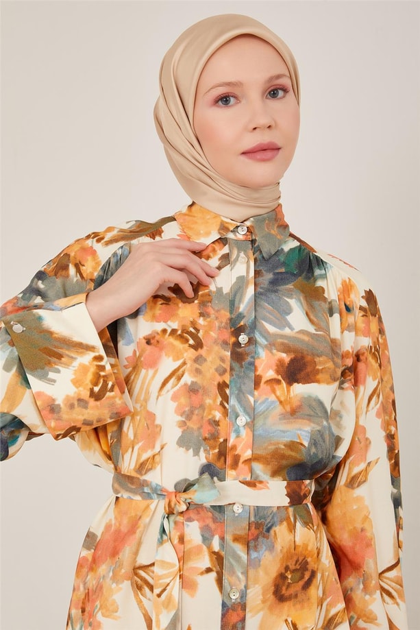 Armine Robası Büzgülü Desenli Viskon Tunik 23Y4439 Deniz Yeşili