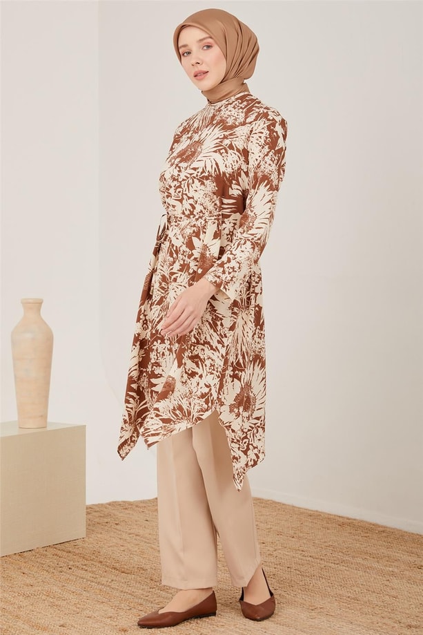 Armine Desenli Belden Bağlamalı Tunik 23Y4461 Kahverengi