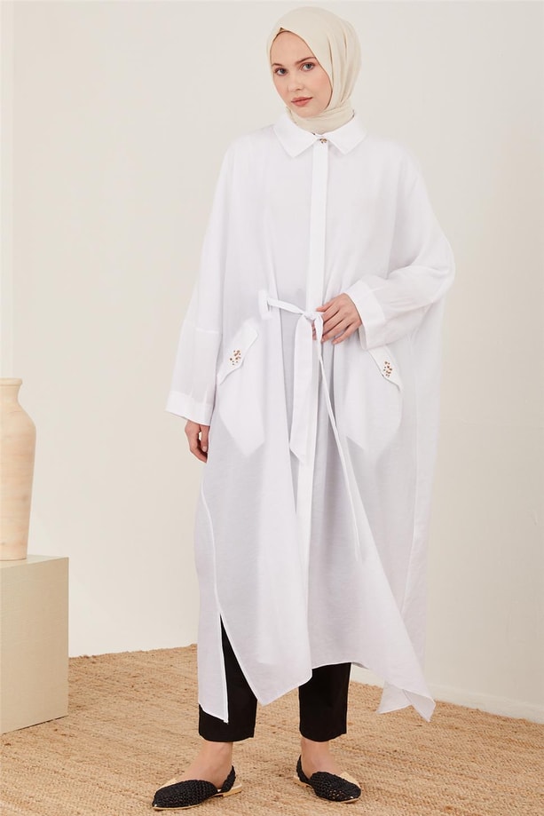 Armine Tahta Boncuk İşlemeli Tencel Giy Çık 23Y5104 Beyaz