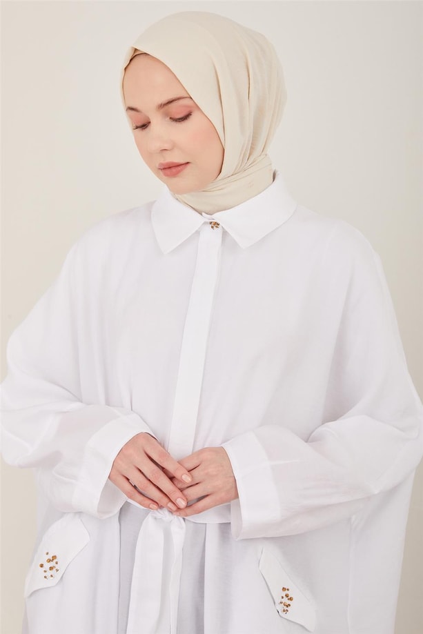 Armine Tahta Boncuk İşlemeli Tencel Giy Çık 23Y5104 Beyaz