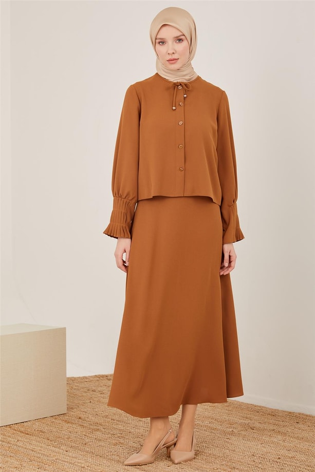 Armine Kolu Pileli Etekli Takım 23Y6536 Çikolata