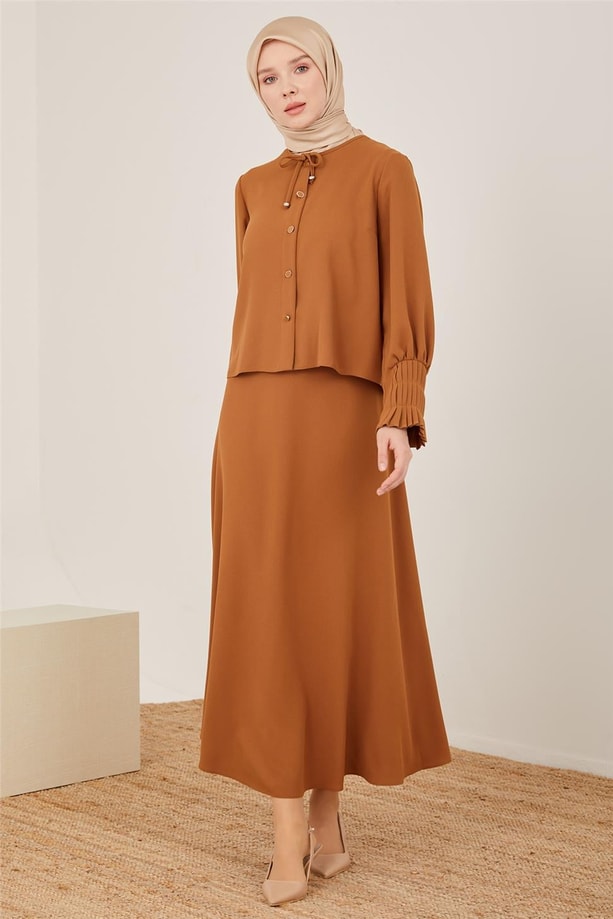 Armine Kolu Pileli Etekli Takım 23Y6536 Çikolata