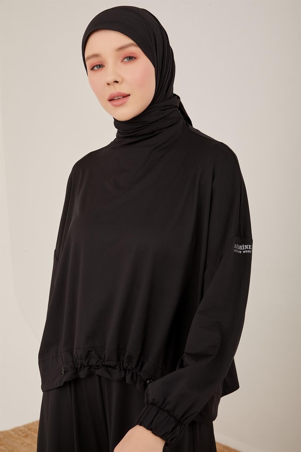 Armine Oversize Bluzu Olan Füzo Taytlı Pantolon Etekli Spor Takım 23Y6607 Siyah