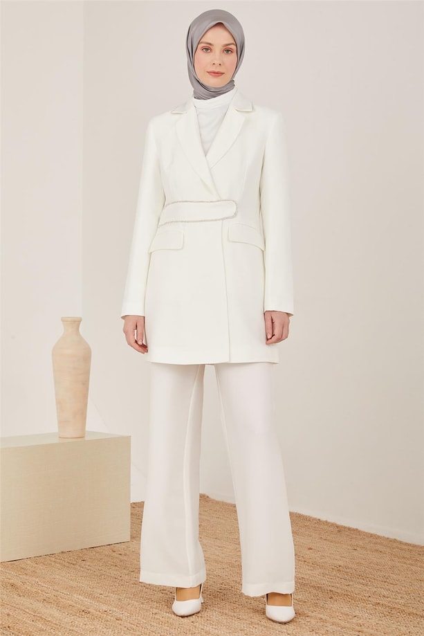 Armine Taşlı Kemerli Abiye Takım 23Y6629 Ekru
