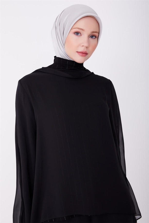 Armine İçi Örme Detaylı Şifonlu Şık Takım 23Y6633 Siyah