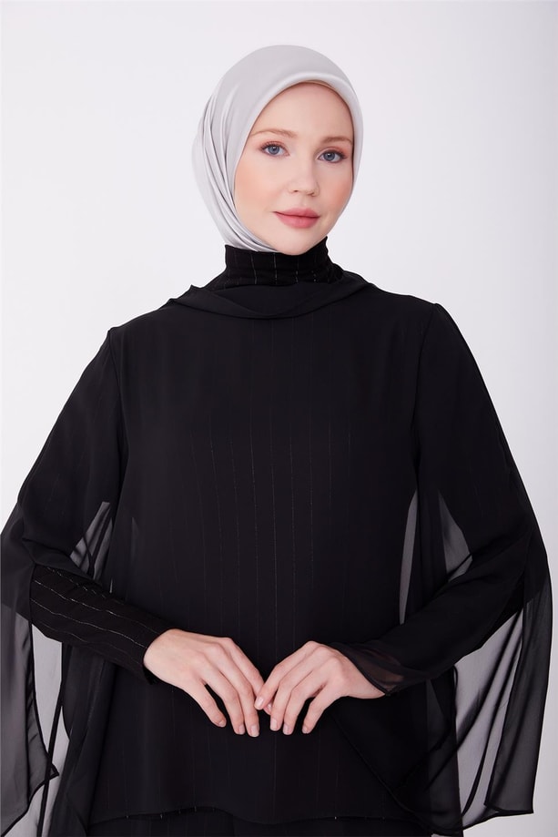 Armine İçi Örme Detaylı Şifonlu Şık Takım 23Y6633 Siyah