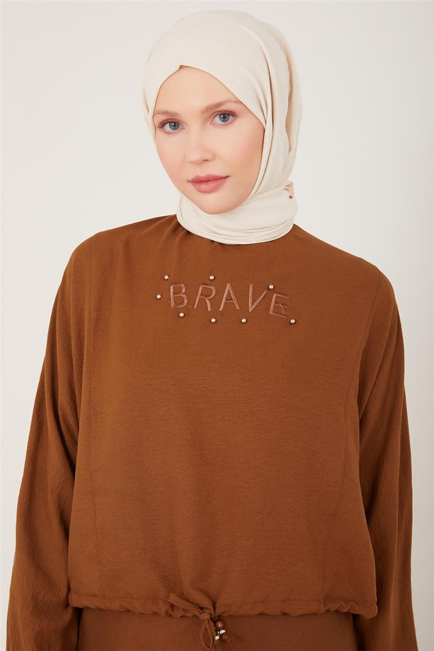 Armine Bütün Kollu Eteği Cepli Nakışlı Takım 23Y6645 Kahverengi