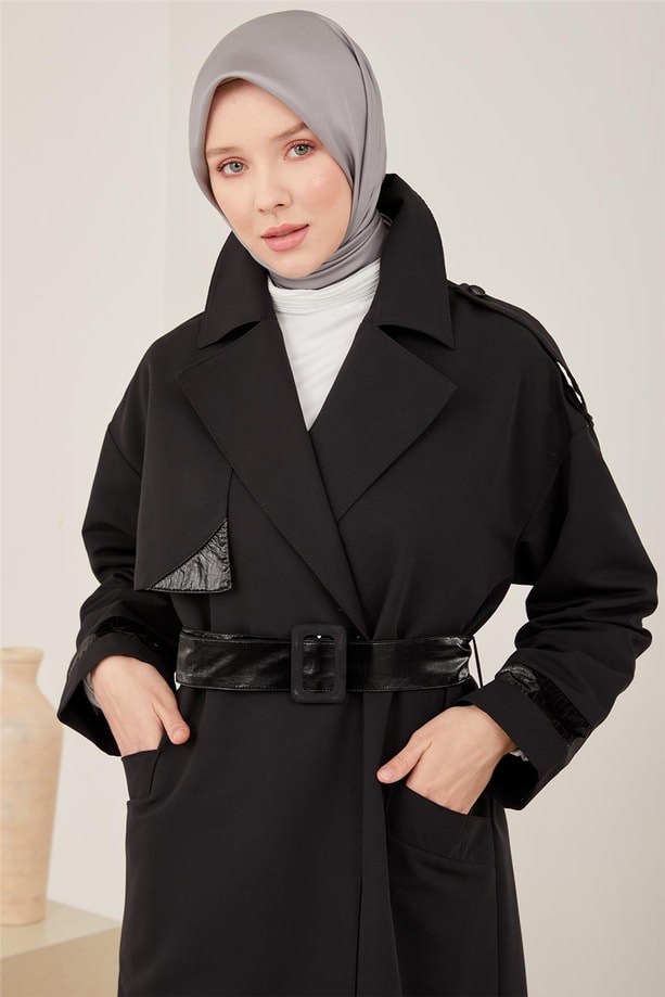 Armine Parlak Garnili Pardesü 23Y8301 Siyah