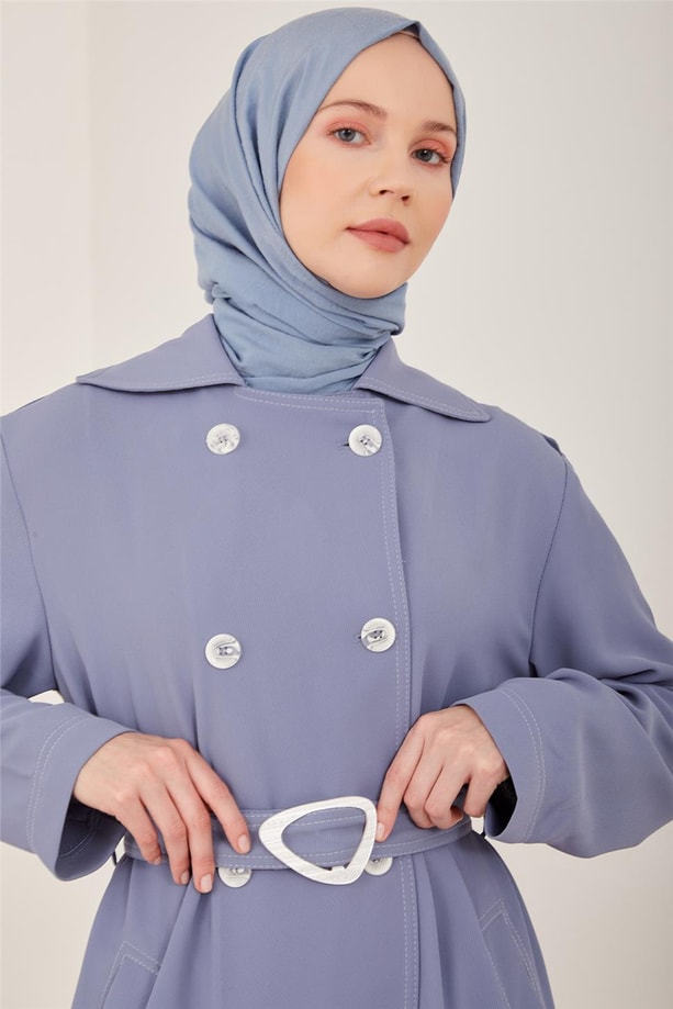 Armine Kontrast Dikişli Ve Aksesuarlı Seyyar Apoletli Pardesü 23Y8312 Gri Mavi