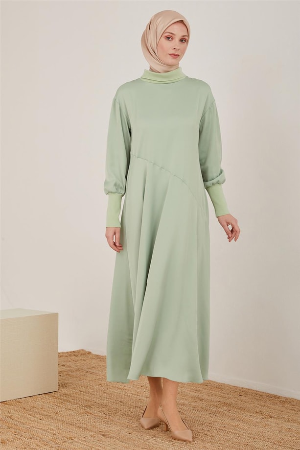 Armine Yakasaı ve Kolu Ribanalı Parlak-Mat Elbise 22K9508 Mint