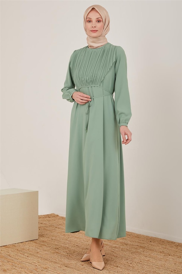 Armine Önü Şifon Aller Detaylı Belden Bağlamalı Elbise 22K9517 Yeşim