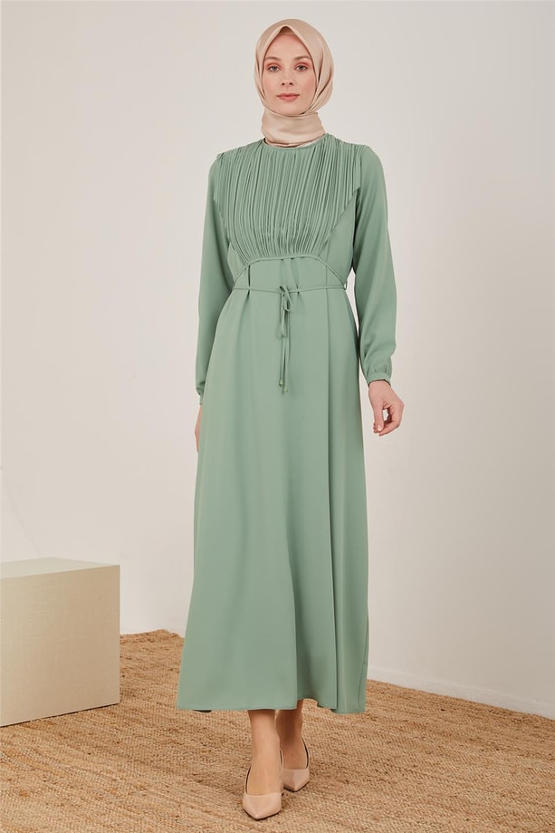 Armine Önü Şifon Aller Detaylı Belden Bağlamalı Elbise 22K9517 Yeşim