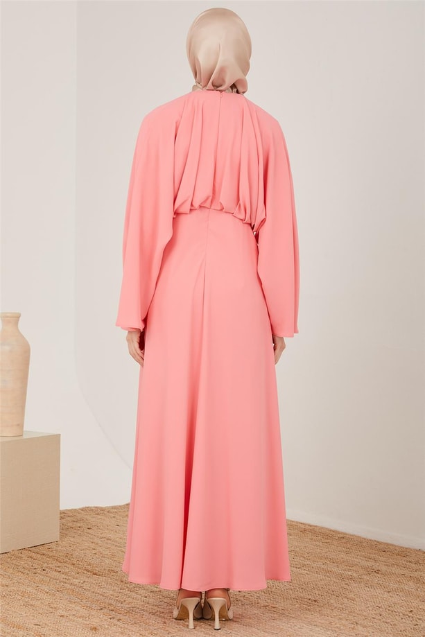 Armine Belinden Dökümlü Şık Elbise 23Y9601 Şeker Pembe