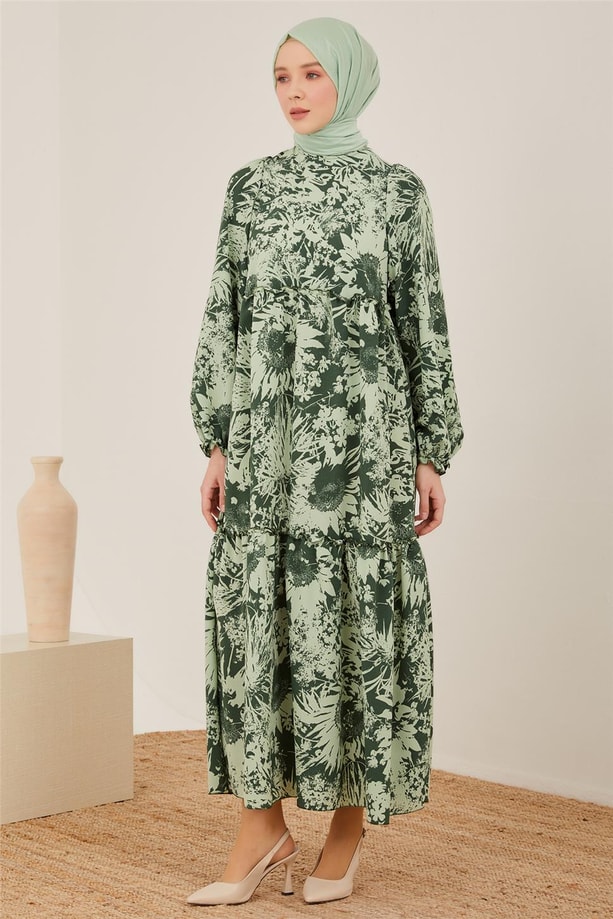 Armine Üç Katlı Desenli Elbise 23Y9607 Haki