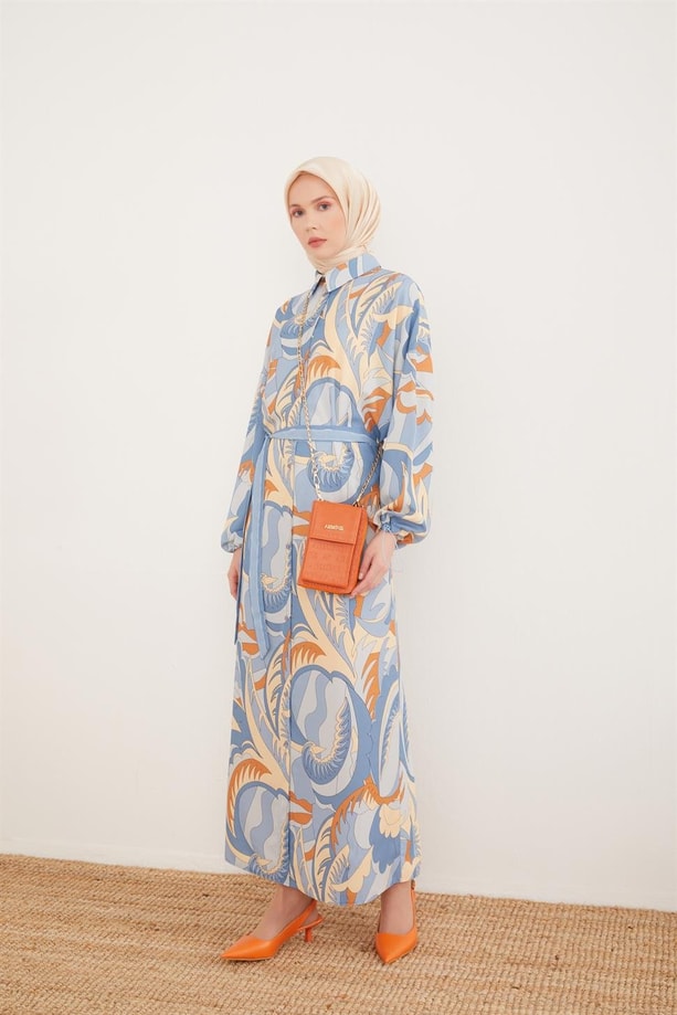 Armine Kemeri Çizgi Garnili Empirme Elbise 23Y9622 Mavi