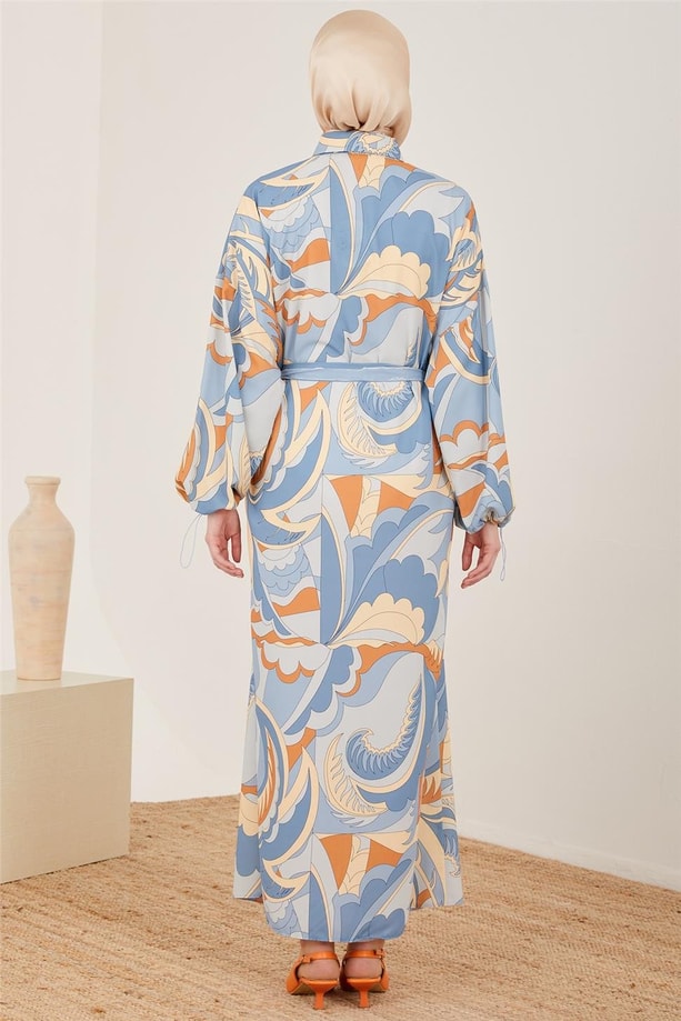 Armine Kemeri Çizgi Garnili Empirme Elbise 23Y9622 Mavi