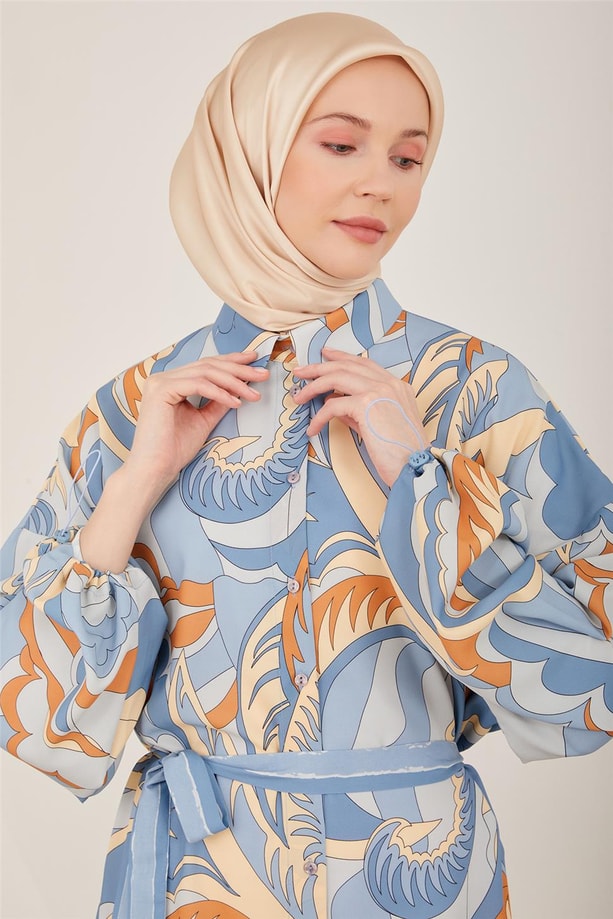 Armine Kemeri Çizgi Garnili Empirme Elbise 23Y9622 Mavi