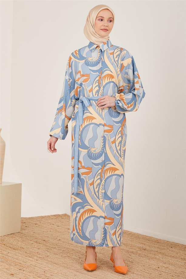 Armine Kemeri Çizgi Garnili Empirme Elbise 23Y9622 Mavi