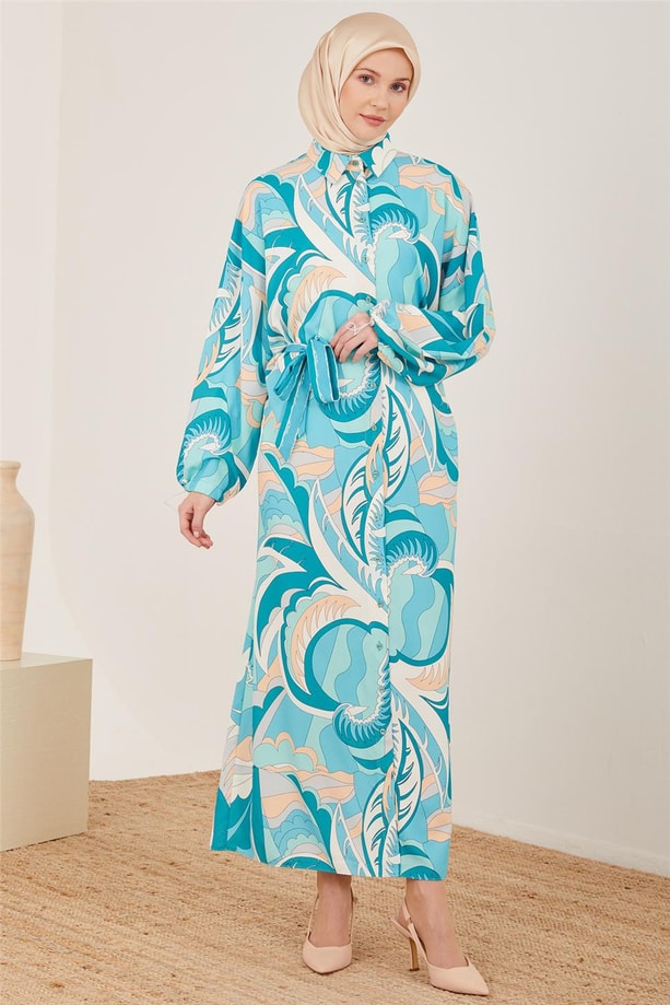 Armine Kemeri Çizgi Garnili Empirme Elbise 23Y9622 Deniz Yeşili