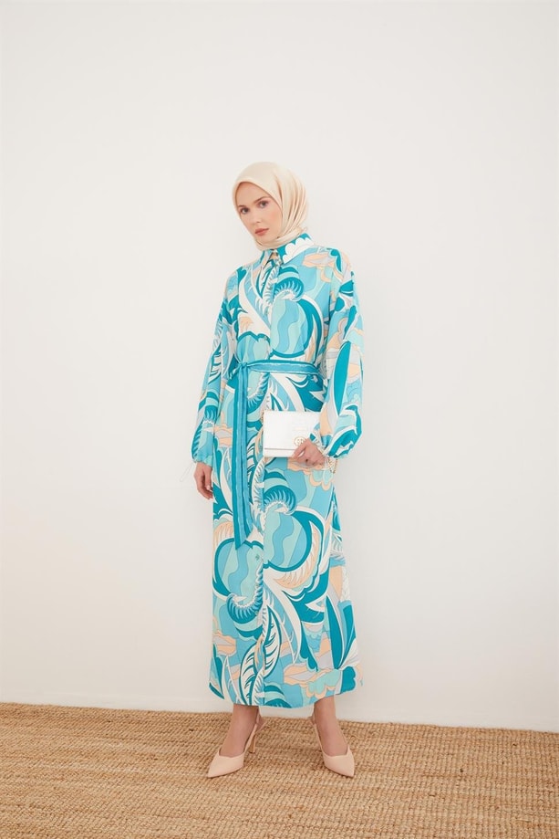 Armine Kemeri Çizgi Garnili Empirme Elbise 23Y9622 Deniz Yeşili