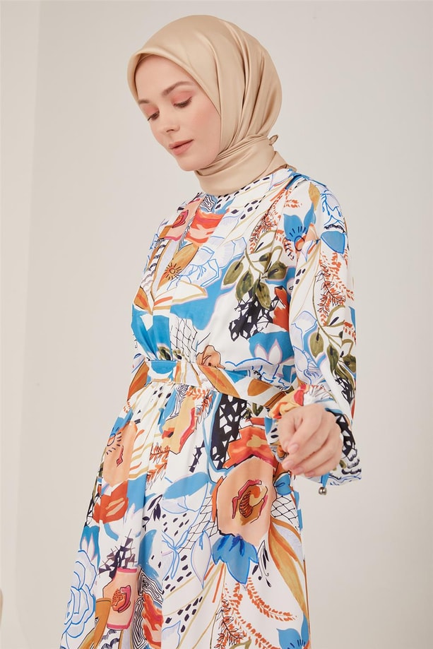 Armine Beli Büzgülü Ve Omuz Pileli Desenli Elbise 23Y9628 Ekru
