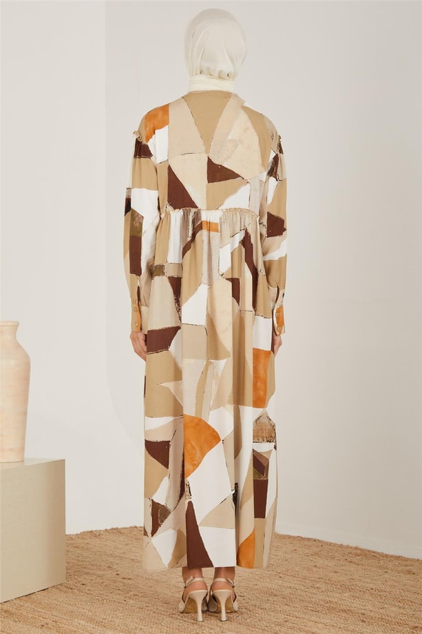 Armine Naturel Geometrik Desenli Elbise 23Y9648 Bej