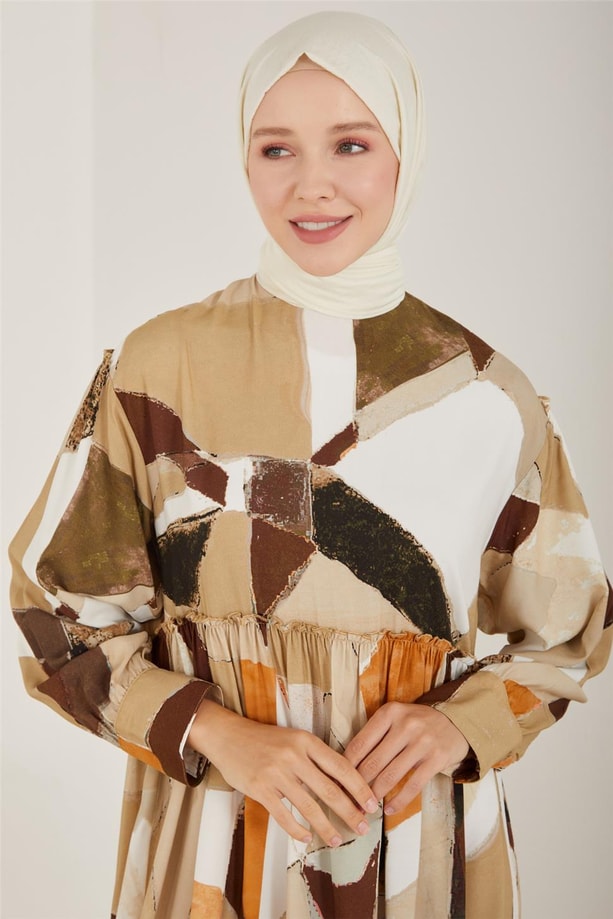 Armine Naturel Geometrik Desenli Elbise 23Y9648 Bej