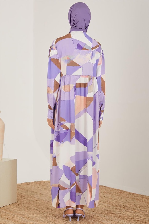 Armine Naturel Geometrik Desenli Elbise 23Y9648 Lavanta