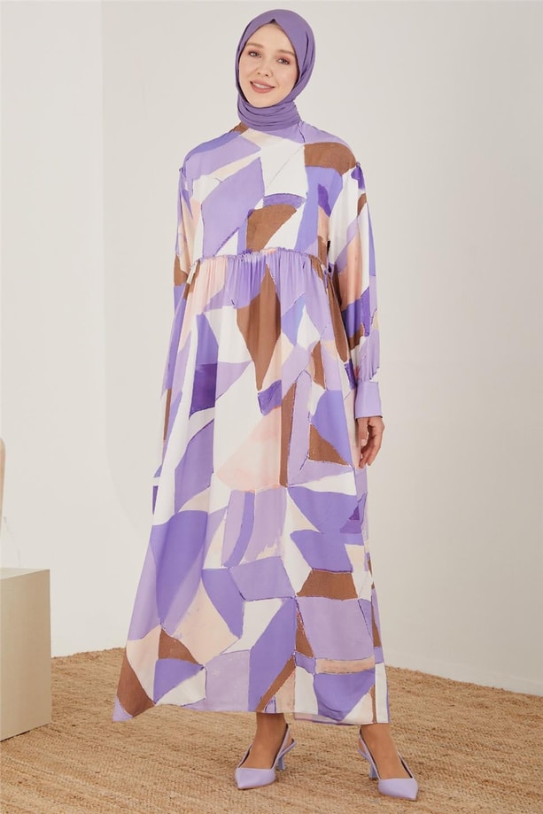 Armine Naturel Geometrik Desenli Elbise 23Y9648 Lavanta