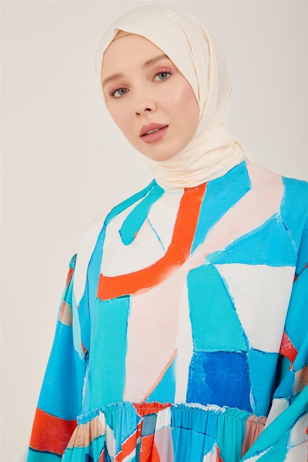 Armine Naturel Geometrik Desenli Elbise 23Y9648 Mavi